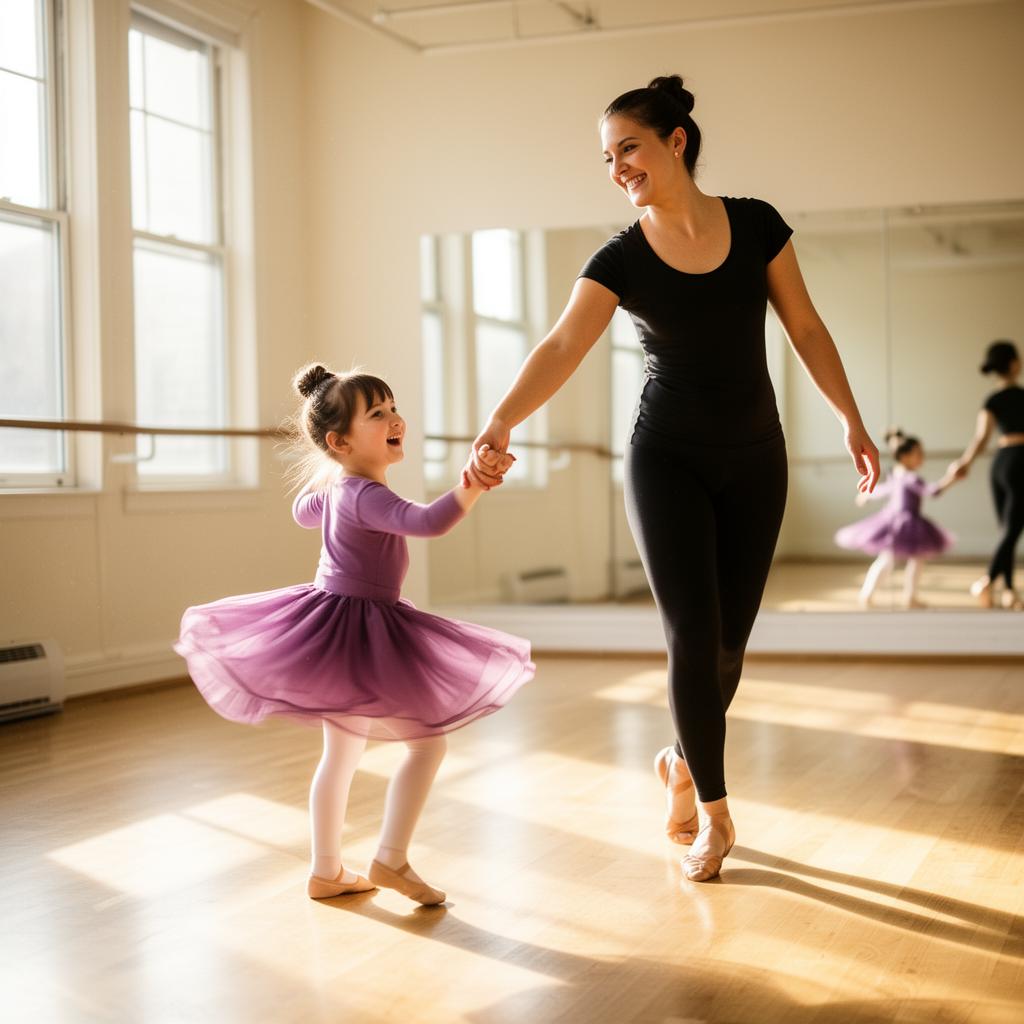 Two young dancers laughing mid-twirl